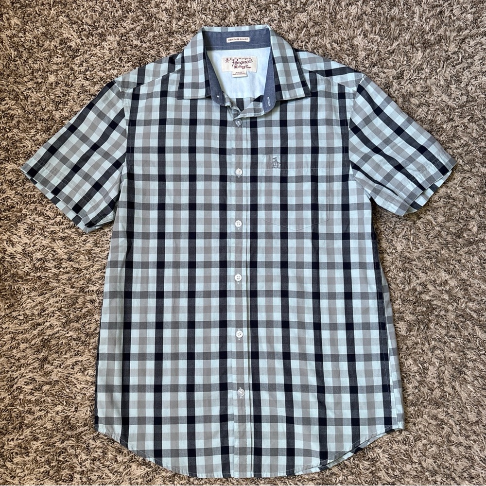 Short-Sleeve Plaid Button-Down Shirt in Light Blue & Black